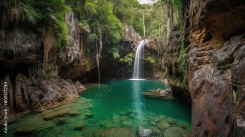 beautiful waterfall lush green forest green water photograph