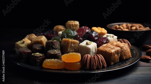 A platter of different desserts including a variety of nuts and flowers.