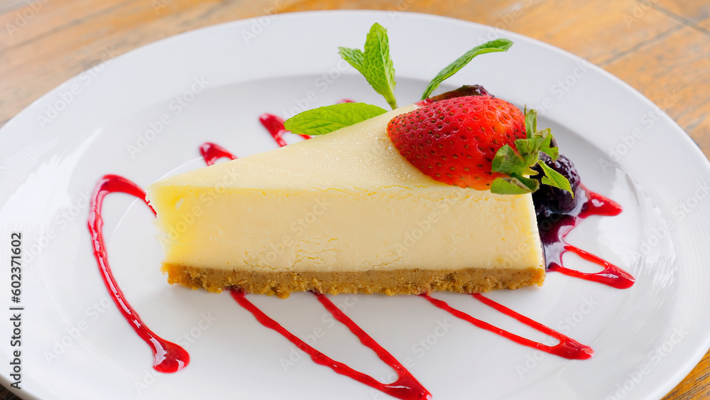 Closeup view of a homemade cheesecake slice with raspberry sauce and mint on a plate. Tasty and appetizing dessert for restaurant or bakery. Closeup view of a homemade cheesecake slice with raspberry sauce and mint on a plate. Tasty and appetizing dessert for restaurant or bakery.