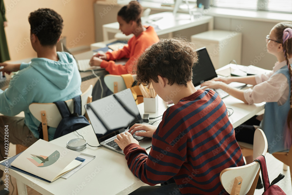 Fototapeta premium High angle view at teenage schoolboy using laptop in programming class for children