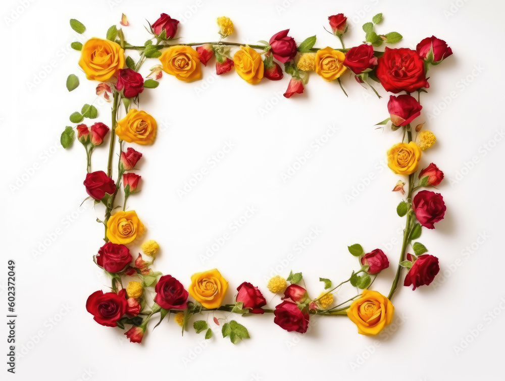 A frame of small red and yellow roses on a white background for greeting card design A frame of small red and yellow roses on a white background for greeting card design