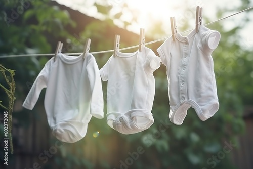 illustration white baby clothes hanging on rope outdoors on spring generative ai