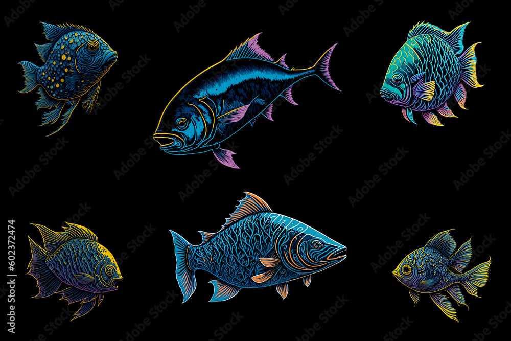 Fototapeta premium tuna swimming over salmon and small colorful fish on black background generative AI illustration