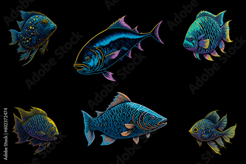 tuna swimming over salmon and small colorful fish on black background generative AI illustration