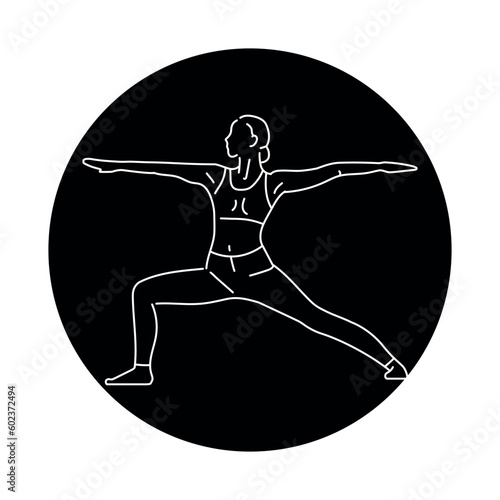 Warrior II Pose Virabhadrasana color line illustration. Pictogram for web page