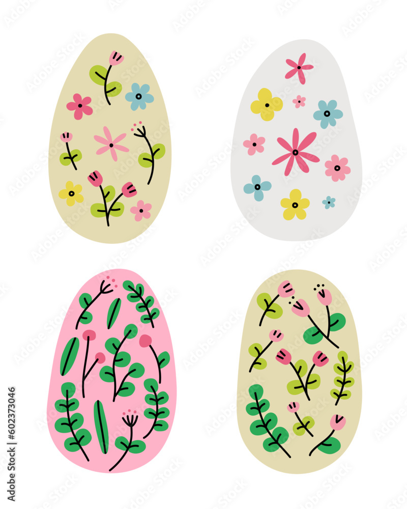 Easter egg set with floral decoration. Vector Illustration.