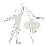 Silhouette of a cute lady and youth, they dance ballet. The woman and the man have beautiful slender figures. Girl ballerina and boyfriend dancer. Ballet dancer. Vector illustration.