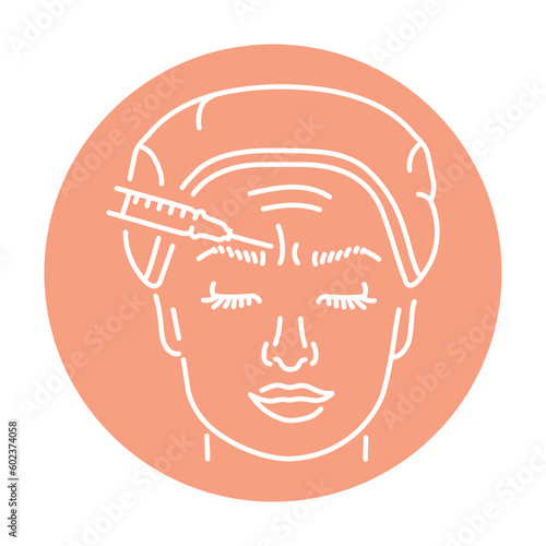 Botulinum wrinkle therapy between the eyebrows color line illustration. Hyaluronic injection. © Backwoodsdesign