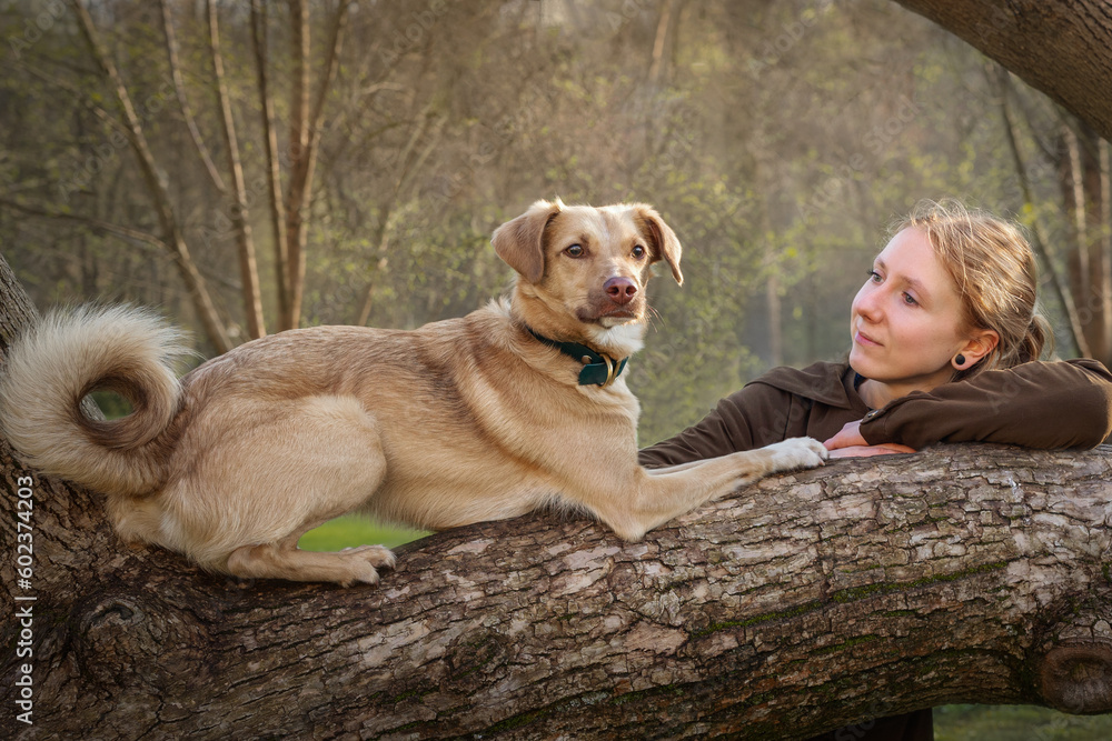 Portrait of beautiful blonde girl with a dog
