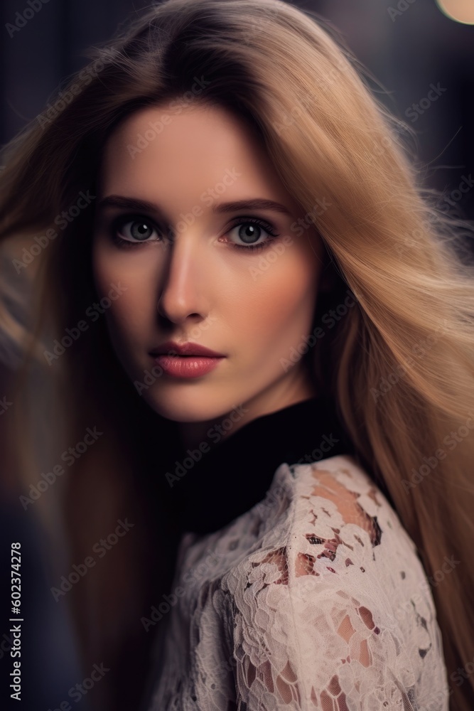 Fototapeta premium Portrait of a beautiful young girl with blond hair - made with generative AI