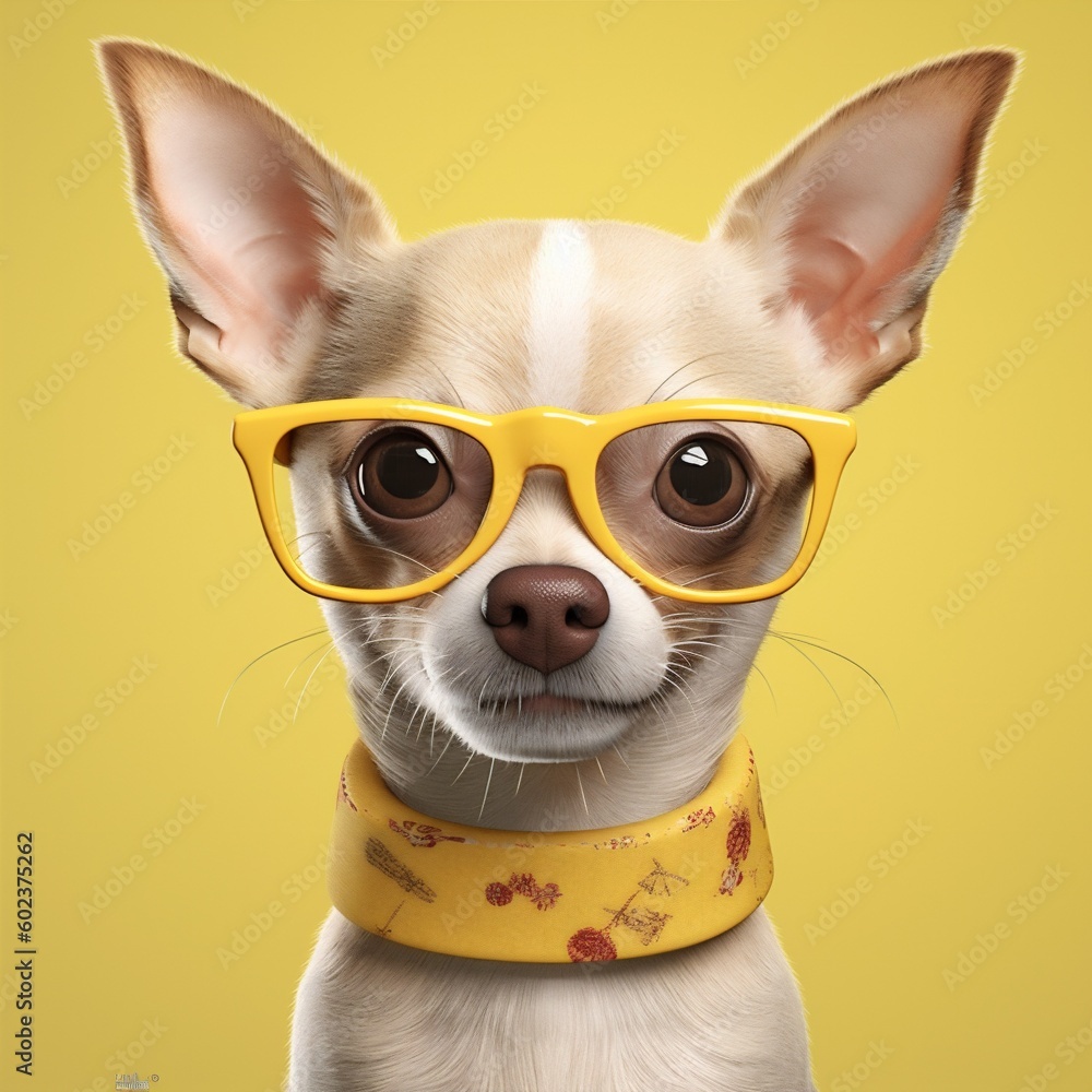 dog animal yellow fun background pet portrait puppy cute glasses chihuahua. Generative AI.