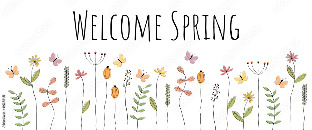 Welcome Spring - Schriftzug in englischer Sprache - Willkommen Frühling. Grußbanner mit liebevoll gezeichneten Blumen und Schmetterlingen.