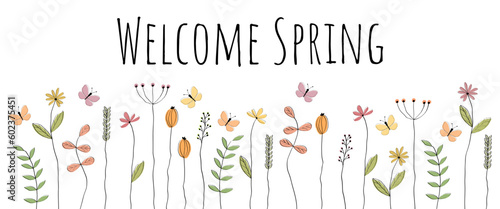 Welcome Spring - Schriftzug in englischer Sprache - Willkommen Frühling. Grußbanner mit liebevoll gezeichneten Blumen und Schmetterlingen.