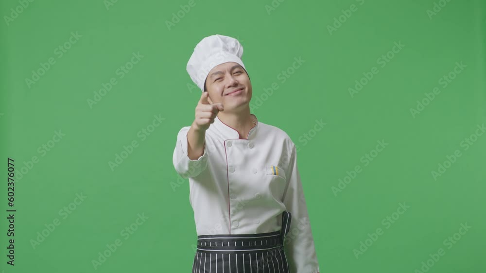 Asian Man Chef Smiling And Touching His Chest Then Pointing At You While Standing In The Green Screen Background Studio
Asian Man Chef Smiling And Touching His Chest Then Pointing At You While Standing In The Green Screen Background Studio