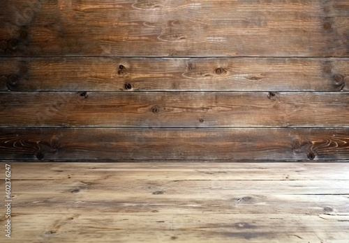 Wooden wall and floor as a background. Empty wooden floor.