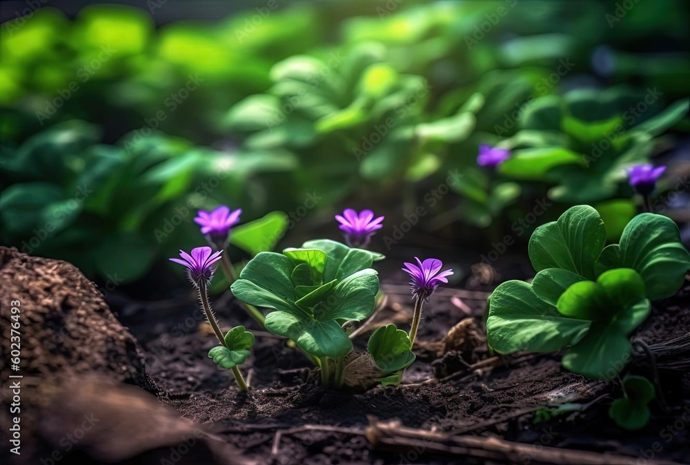purple flowers in the ground with several green leaves on top stock photo, generative ai purple flowers in the ground with several green leaves on top stock photo, generative ai