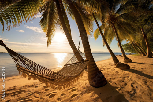 Tropical Hammock View of the Sunset by the Sea, Generative AI © Forrester