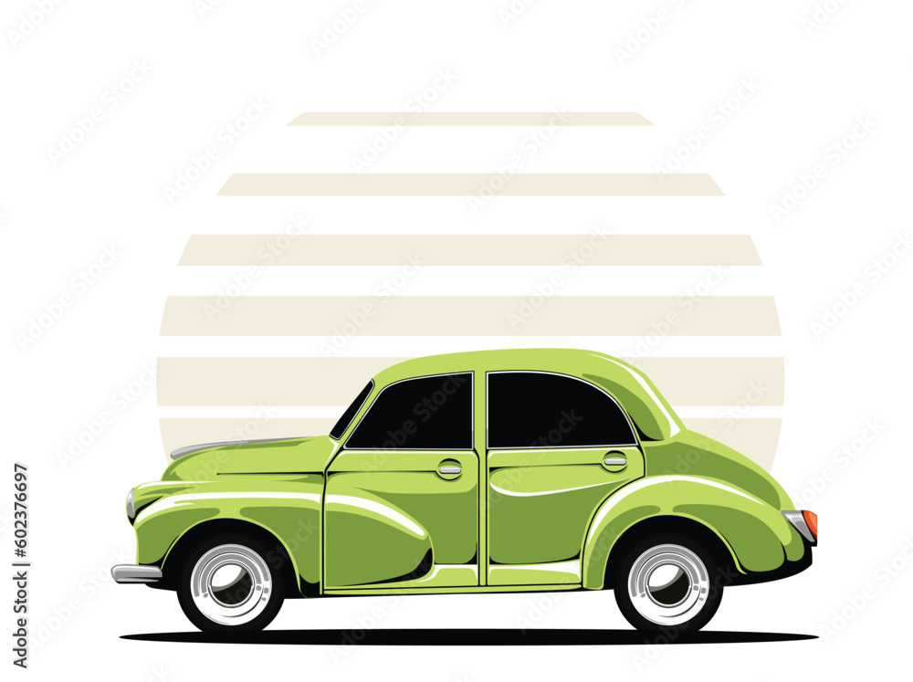 Illustration of a green car. Vector vintage car on white background. 