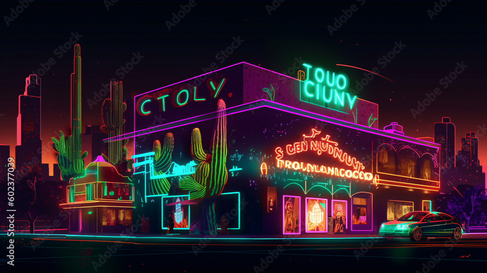 Tucson City in Neon: A Vibrant Digital Illustration, generative AI