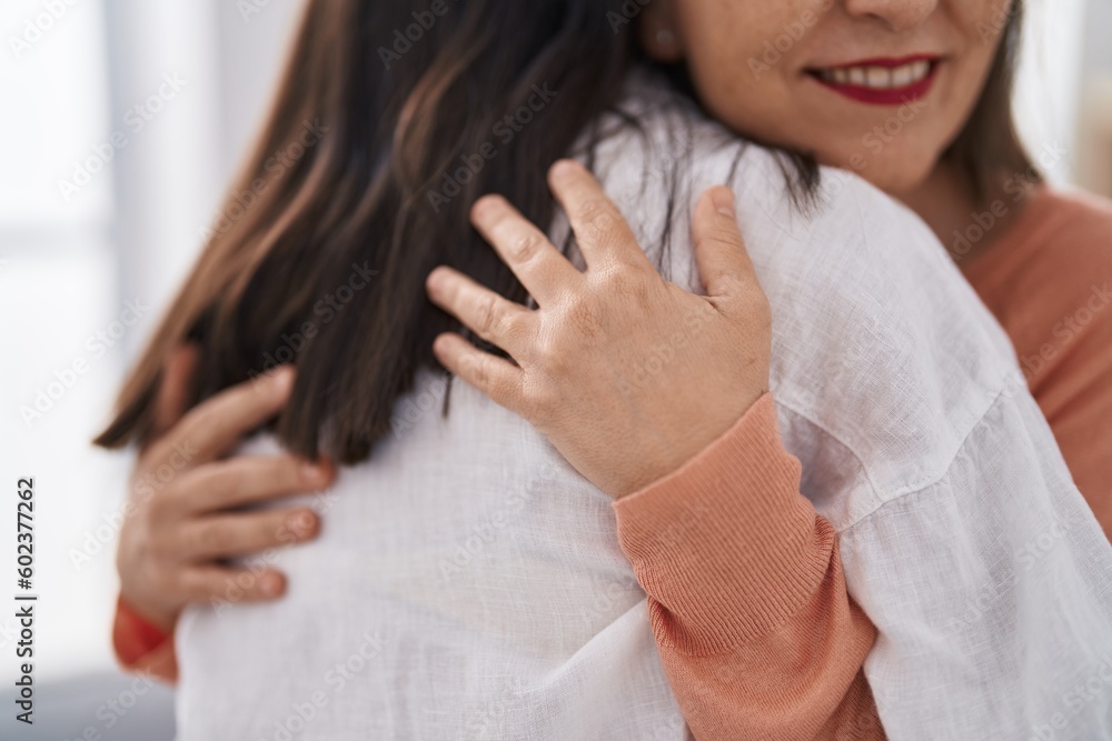 Two women mother and daughter smiling confident hugging each other at home Two women mother and daughter smiling confident hugging each other at home
