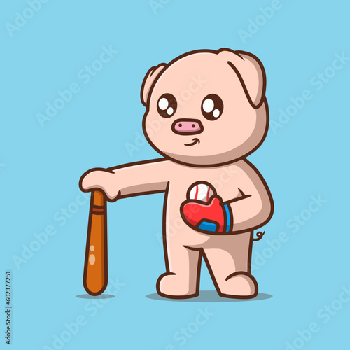 Cute Pig Baseball Cartoon Vector Icon Illustration. Animal Nature Icon Concept Isolated Premium Vector. Flat Cartoon Style