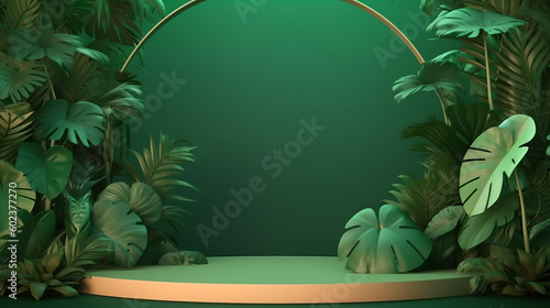 Nature 3D podium product platform  green jungle plant leaf background scene garden. Tropical beauty green cosmetic mockup podium platform for eco presentation. Generative AI illustration.
