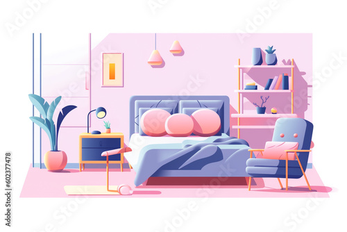 Y2k girl bedroom interior furniture cartoon vector illustration. Neon lamp  pink double bed  armchair and vinyl record indoor teenage room set. Girly clean home accessories with pillow and blanket