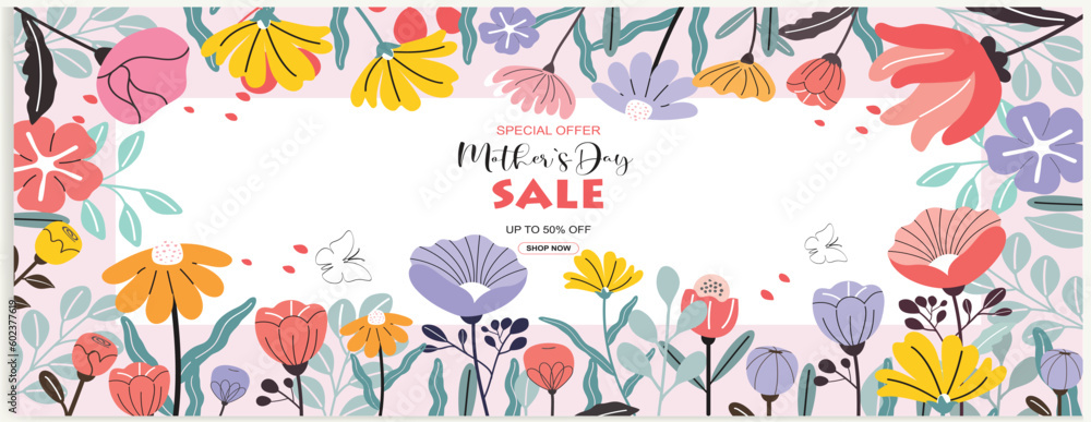 Mother's Day sale banner, poster, and background design with beautiful blossom flowers. vector illustration. Mother's Day sale banner, poster, and background design with beautiful blossom flowers. vector illustration.