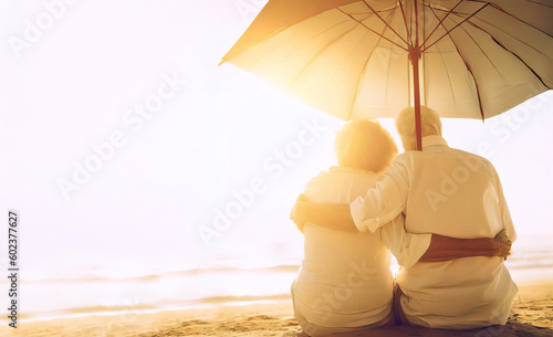 old couple on beach - elderly couple at the sea - senior couple hug at sunset under the parasol Generative AI