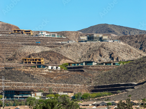Photography New luxury house development on desert mountain hill in Las Vegas