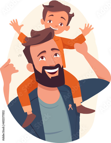 Dad in superhero costume holds son on his shoulders. Happy Father's day greeting card. Cartoon character