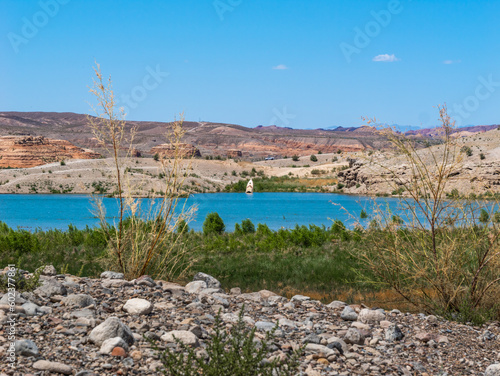 Sunken boat in Lake Mead area near Las Vegas. shot in may 2023