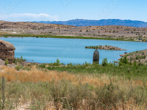 Sunken boat in Lake Mead area near Las Vegas. shot in may 2023
