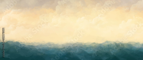 Abstract sea landscape wall art vector background. Sky, clouds and storm. Sea decoration collection design for interior, flyers, poster, cover, banner. Modern hand draw painting for design interior.	