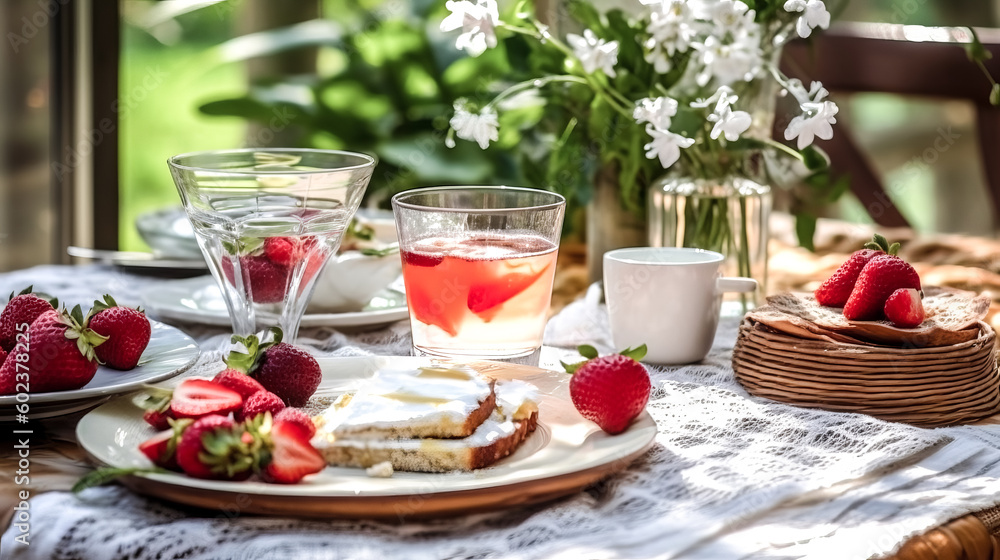 A cozy spring or summer breakfast or brunch outside was created - generative ai. A cozy spring or summer breakfast or brunch outside was created - generative ai.