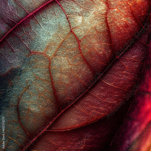Close-up of an autumn leaf with shades  natural texture  and warm tones. Creates a cozy background for design inspiration. generative AI