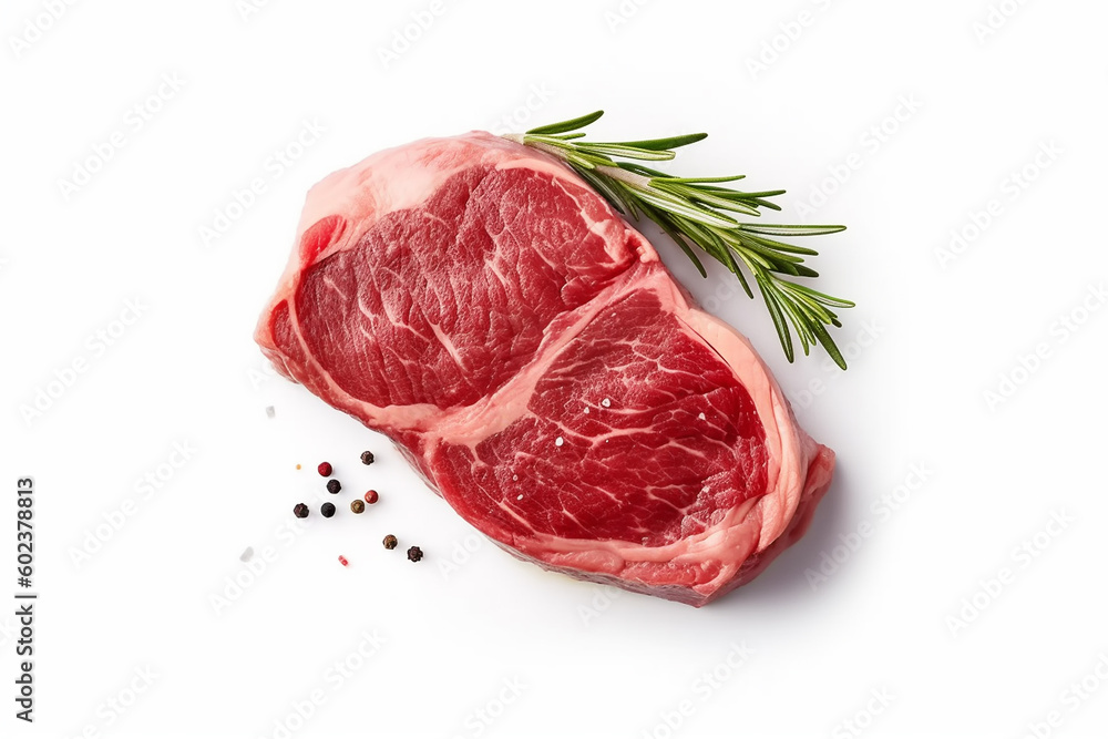 Ribeye steak top view. Raw meat with spices isolated on white background, generative ai