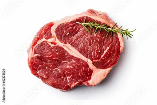 Ribeye steak top view. Raw meat with spices isolated on white background, generative ai