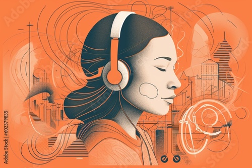 women listening to music with her earphones and some buildings in background , japanese woman, graphic artwork style generated with ai