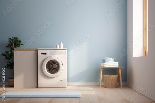 Washing machine against a blue wall in a spacious bathroom with copy space. Photorealistic illustration generative AI.