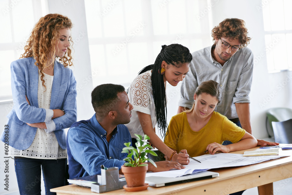 Obraz premium Diversity, business people and writing on blueprint in planning, brainstorming or design at the office. Architect group working on document, floor plan or strategy for construction at the workplace