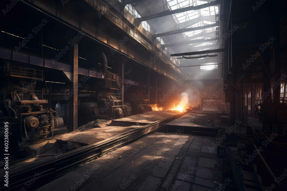 A realistic and detailed photography of a Steel factory. Generative AI