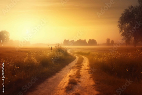 Road leads to a field as the sun rises, in the style of relaxing landscapes. Generative AI