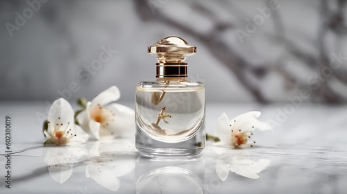 Luxury perfume glass bottle with flowers on marble generative ai