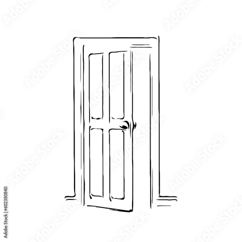 black and white sketch of a house door design with a transparent background