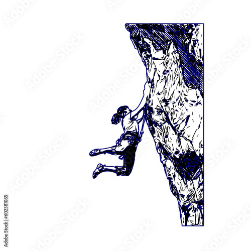 black and white sketch of a rock climbing athlete with a transparent background