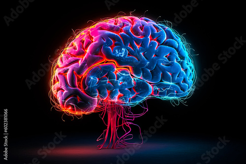 Brain abstract digital human brain. Neural network digital Electrical activity, flashes and lightning. Artificial brain, neon light abstract background.