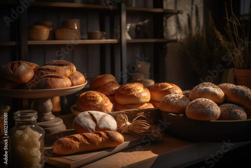 Fresh bread and pastries in bakery. Generative AI