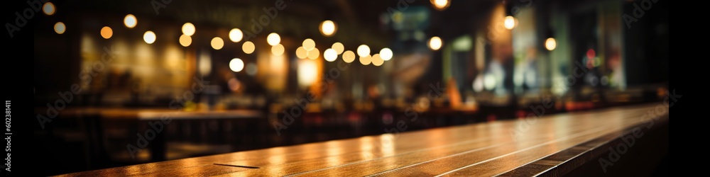 illustration, wooden bar top with blurred night cafe, website headers background, ai generative
