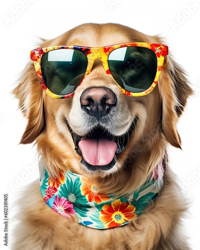Golden retriever dog wearing sunglasses, Generative AI